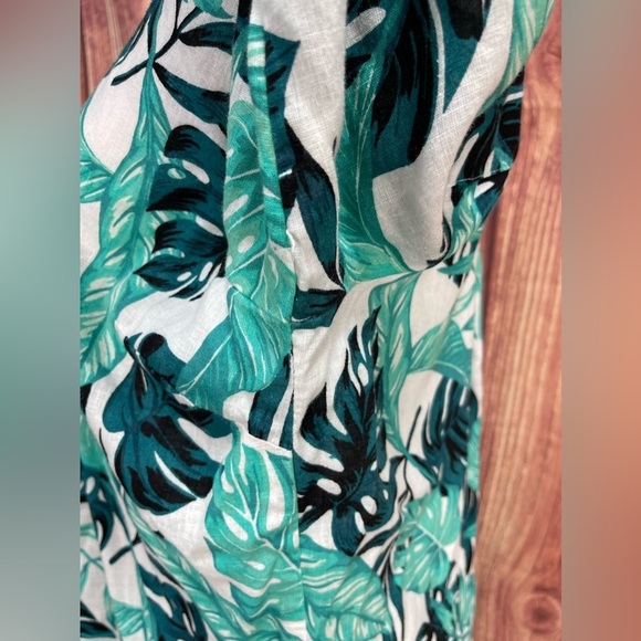 Coral Bay green teal white Monstera leaf print linen blend 3/4 sleeve blouse L - Picture 6 of 17
